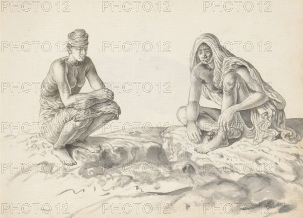Two laborers, sketchbook page, Outside on uneven terrain, two men are sitting on the ground. He is wearing a loincloth (veshti, lungi) reaching to his knees; his upper body is uncovered. His folded arms rest on his knees. A cloth is wrapped around his head. The man on the right is wearing a high-hung loincloth, part of which hangs over his left hip, leaving his legs bare. A cloth (chadar) is draped over his head, covering his back and left shoulder. The man is sitting on the ground as if cross-legged. His arms rest relaxed on and around one knee each. The men are likely from South India and were put to work in Colombo on reconstruction. Sheet 42 from a sketchbook with 117 sheets., draftsman (artist): Esaias Boursse, Sri Lanka, 1662, draftsman (artist), South Asia, materials by function, paper, ink, brush, brush in gray, height 148 mm x width 196 mm, Asiatic races and peoples: Indians, sitting cross-legged, as tailor at work, 41D232, skirt (LUNGI), head-gear (with NAME), overseas histor...