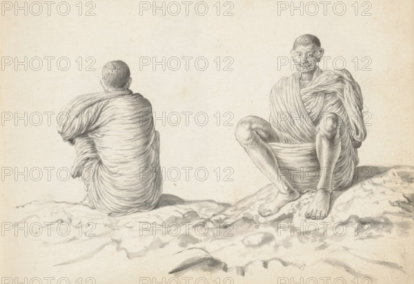 Two labourers, sketchbook page, Outside on uneven terrain, two men are sitting on the ground with their knees drawn up. Both men are wearing a loincloth (veshti, lungi) lifted to above the knees; they have wrapped a large shawl (chadar) around their upper bodies and arms. The man sitting on the left rests his covered left elbow on his left knee. The man on the right appears to be holding his arms folded in front of his chest under the shawl. His feet are standing firmly in front of him on the sloping ground. The hair of both men is short-cropped or shaved. The men are likely from South India and were put to work in Colombo on the reconstruction. It is possible that it is the same man, drawn twice. Sheet 45 from a sketchbook with 117 sheets., draftsman (artist): Esaias Boursse, Sri Lanka, 1662, draftsman (artist), South Asia, materials by function, paper, ink, brush, brush in gray, height 148 mm x width 196 mm, Asiatic races and peoples: Indians, 41D232, skirt (LUNGI), head-gear (with N...