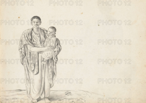 Woman with a child, sketchbook page, A standing Asian or Eurasian woman carries a child on her left hip. The woman is wearing a long wrap skirt (redda) and a Portuguese blouse with a V-neck and long sleeves (hatte). A long, loose cloth with a floral pattern lies around her back and shoulders; her hair appears to be cut short. The child has short hair and is wrapped in a cloth. Sheet 58 from a sketchbook with 117 sheets., draftsman (artist): Esaias Boursse, Sri Lanka, 1662, draftsman (artist), South Asia, materials by function, paper, ink, brush, brush in gray, height 148 mm x width 196 mm, mother and baby or young child, Asiatic races and peoples, Eurasion, half-caste, skirt (with NAME), clothing for the upper part of the body (with NAME), overseas history, Colombo, Period, 1662 - 1670, A pencil drawing of a person standing and holding a small child, both shown from head to feet, with the adult wearing flowing draped garments and the child wrapped in fabric, the adult's arms supporting...