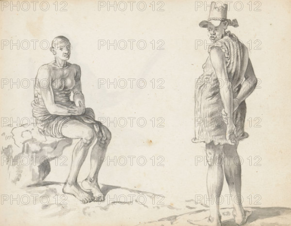 Two laborers, sketchbook page. On the left, a man sits on a rock alongside uneven terrain. A high-pulled loincloth (veshti, lungi) leaves his legs uncovered, as well as his upper body. On the right, an object protrudes from his waist, perhaps the handle of a knife. The standing man on the right is dressed in a long shirt (kamisaya) of striped fabric – sleeveless – that reaches halfway down the thigh. On his bald head, he wears a worn hat (toppiya) with a hat cord. Both men were likely employed in Colombo for the reconstruction: the man on the left is from South India, the one on the right a toepas from Jaffna. Sheet 68 from a sketchbook with 117 sheets., draftsman (artist): Esaias Boursse, Sri Lanka, 1662, draftsman (artist), South Asia, materials by function, paper, ink, brush, brush in gray, height 148 mm x width 196 mm, Asiatic races and peoples: Indians, 41D232, skirt (LUNGI), clothing for the upper part of the body (with NAME), head-gear (with NAME), overseas history, application,...