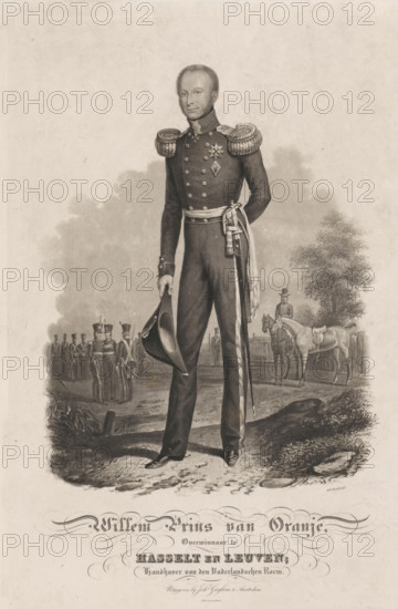 William Prince of Orange, Victor at Hasselt and Leuven, Preserver of Dutch Glory, print, Portrait of William, Prince of Orange, standing full-length, slightly to the left, holding a cocked hat in his right hand, with some soldiers in the background on the left and two horses by a tree in the background on the right. See also the pendant., printmaker: Willem Hendrik Hoogkamer, Netherlands, calligrapher: Hendrik Klouzing (II), publisher: Johannes Guykens, Amsterdam, 1831, paper, chine collé, aquatint, etching, roulette, etching and roulette on chine collé, height 540 mm x width 358 mm, Person, William II of the Netherlands, historical persons, Belgian Revolution, Battle of Leuven, Battle of Hasselt, military history, Period, 1831 - 1832, A full-length portrait of a man in a formal military uniform standing outdoors, shown in a sepia-toned lithographic style. He wears a dark double-breasted coat with decorative shoulder epaulettes and a sash at his waist, a sword hanging by his side, and ...