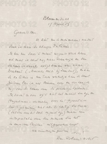 Letter to Wolbert J. Vroom, letter, writer (clerical worker): Richard Nicolaüs Roland Holst, Bloemendaal, 1925-04-17, writer (clerical worker), materials by function, paper, ink, writing (processes), pen, height 425 mm x width 425 mm, Person, Wolbert J. Vroom, the graphic arts, France, Zundert, A vertical sheet of light-colored paper with visible fine texture and a central vertical crease, covered in dark cursive handwriting arranged in lines from near the top toward the bottom, with a larger handwritten heading near the top center and a signature area near the lower right, the ink appearing slightly faded in places and the handwriting slanting and varying in size across the page.