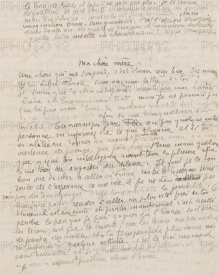 Letter to Héloïse Bernard-Bodin, letter, Letter dated 1898 in later hand., writer (clerical worker): Émile Bernard, 1878 - 1941, writer (clerical worker), materials by function, paper, ink, writing (processes), pen, height 425 mm x width 425 mm, Person, Héloïse Bernard-Bodin, A sheet of paper filled with cursive handwriting in brown ink across the page, with lines of text running horizontally and overlapping in places, a faint pencil mark crossing near the upper left, a few darker strokes and smudges scattered over the surface, and areas where writing appears lighter or faded.