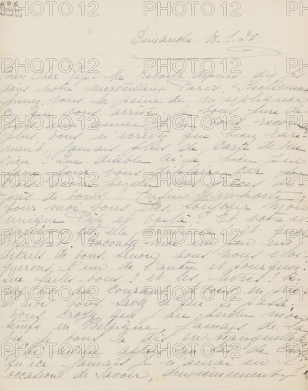 Letter to Philip Zilcken, letter, writer (clerical worker): Rose Imel, 1925-01-18, writer (clerical worker), paper, materials by function, lined paper, ink, writing (processes), pen, height 425 mm x width 425 mm, Person, Philip Zilcken, workshop, studio of the artist (in general), exhibition, art, art trade, art shop, Belgium, A sheet of aged lined paper covered in cursive handwriting in dark ink, with the writing filling most of the page in flowing diagonal strokes; the paper shows faint horizontal ruling, a small round stain near the top edge, and a faint crease down the center; the upper left corner has a small rectangular smudged mark, and there are subtle discolorations and tiny spots near the bottom edge; overall the page has an off-white tone with evenly spaced handwritten lines across its surface.