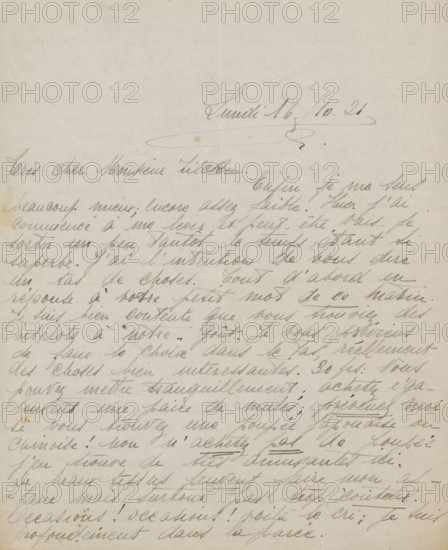 Letter to Philip Zilcken, letter, writer (clerical worker): Rose Imel, 1921-10-16, writer (clerical worker), paper, materials by function, lined paper, ink, writing (processes), pen, height 425 mm x width 425 mm, Person, Philip Zilcken, Alexander Yevgieneevich Jakovlev, workshop, studio of the artist (in general), A sheet of aged paper with cursive handwriting across the page, showing flowing slanted lines of ink in a darker tone against a light beige background, with faint horizontal ruling visible and slight discoloration spots and small stains scattered on the surface, the edges of the paper showing subtle wear and minor creases.