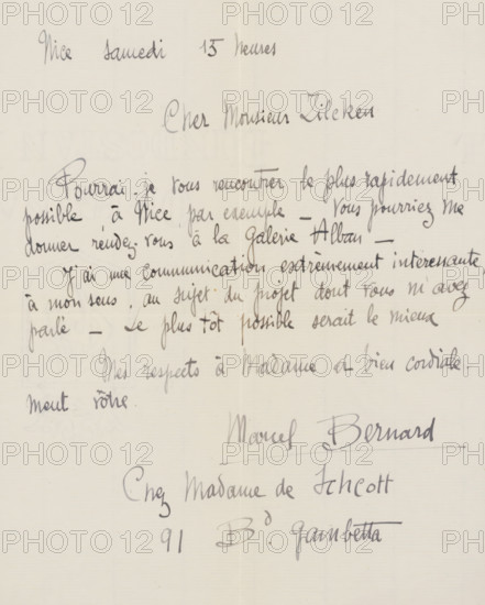 Letter to Philip Zilcken, letter, writer (clerical worker): Marcel Bernard, Nice, in or before 1928-10-27, writer (clerical worker), Provence-Alpes-Côte d'Azur, materials by function, paper, ink, writing (processes), pen, height 425 mm x width 425 mm, Person, Galerie Alban, Philip Zilcken, meeting, A sheet of cream-colored paper with handwritten cursive lines in dark gray ink, showing a top section with a few short horizontal lines of script, a middle area filled with several longer flowing lines of cursive writing and a prominent bold signature line, and a lower section with larger, more widely spaced cursive words and a short isolated pair of handwritten characters; the page shows a faint vertical fold down the center and subtle horizontal texture in the paper.