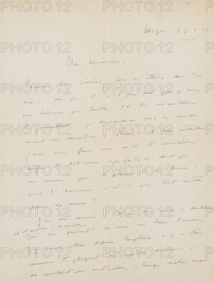 Letter to Philip Zilcken, letter, writer (clerical worker): Simonne Ratel, Megève, 1929-02-27, writer (clerical worker), materials by function, paper, ink, writing (processes), pen, height 425 mm x width 425 mm, Person, Philip Zilcken, the graphic arts, Paris, Provence-Alpes-Côte d'Azur, Marseille, Nice, Antibes, A pale, slightly textured sheet of paper with faint, cursive handwriting in gray ink spread across the surface, the writing varying in darkness and slant and appearing more concentrated toward the top and middle while fading toward the lower area, with occasional short horizontal strokes and small dots, and the paper showing subtle vertical grain lines and a few tiny smudges and spots.