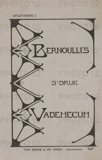 Cover of: Bernoulli's Vademecum, 1902, wrapper, photomechanical print, collector's mark: 'R:MVS.', cliché maker: Reinier Willem Petrus de Vries (1874-1953), publisher: Brink & De Vries, Ten, Amsterdam, paper, printing block, cliché in black on grey paper, height 247 mm x width 160 mm, ornament, geometric motifs, A vertical page with a pale textured background and a dark ornate border featuring curved, organic shapes resembling stylized vines and petals running along the left edge and wrapping into the top and right margins, and larger decorative corner flourishes at the top and bottom right; a large decorative initial near the upper left transitions into the border motif, and a second large ornamental letter appears lower on the page, both integrated with the border design; several lines of centered dark typographic elements appear across the page, with one set positioned near the upper quarter, another set near the middle, and a larger set toward the lower half; a narrow horizontal ru...