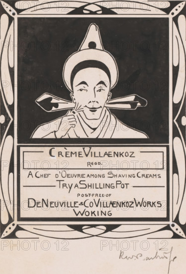 Design for an advertisement for Crème Villaenkoz shaving foam, drawing, design, A man with a hat applies shaving foam to his face with a brush., collector's mark: 'R:MVS.', address: 'RWP de Vries Jr., Warmoesstraat 122, Amsterdam, Holland', draftsman (artist): Reinier Willem Petrus de Vries (1874-1953) (signed by artist), 1884 - 1952, Reinier Willem Petrus de Vries (1874-1953), draftsman (artist), paint (coating), ink, materials by function, paper, India ink (ink), pencil, deck paint, pen, brush, pen and brush in India ink over pencil, corrections with white opaque paint, height 232 mm x width 143 mm, care of the body, hygiene, A stylized black and white illustration framed by decorative borders shows a head-and-shoulders figure wearing a rounded hat with a pointed top and a circular ornament, a dark band across the forehead, and a high collar. The figure holds a straight razor or similar blade near the cheek with one hand, the other hand raised toward the face, and has thin arched eye...