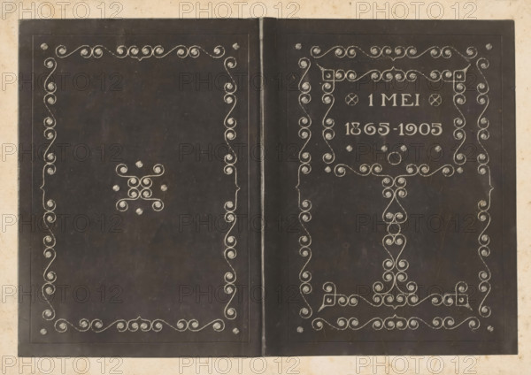 Band of the album 1865-1905, photograph, name: 'RWP de Vries', annotation: 'let this be made into a cliché, R...', collector's mark: 'R:MVS.', after design by Reinier Willem Petrus de Vries (1874-1953), in or after 1905 - 1986, Reinier Willem Petrus de Vries (1874-1953), photographer, after design by, paper, pasteboard, daylight collodion silver print, height 138 mm x width 199 mm, A dark, open book with two pages visible, each page framed by a thin rectangular border and decorated with symmetrical, ornate swirled line patterns in a lighter color, including spirals arranged along the inner and outer margins and clustered decorative motifs near the centers and corners; a vertical seam runs down the middle where the pages meet, and the background surrounding the book is a lighter, aged paper tone with subtle stains and speckles.