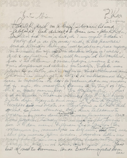 Letter to Mien Cambier van Nooten, letter, writer (clerical worker): Dick Ket, Bennekom, 1940-04-23, writer (clerical worker), paper, materials by function, lined paper, ink, writing (processes), pen, height 425 mm x width 425 mm, Person, Ludwig van Beethoven, Willem Mengelberg, The Hague Art Circle, Felix Timmermans, Mien Cambier van Nooten, Hendrik Chabot, Maksim Gorki, Johan Mekkink, workshop, studio of the artist (in general), literature, arts, art collecting, historical persons (portraits and scenes from life), painting (including book-illumination, miniature-painting), music, A sheet of lined paper filled edge to edge with cursive handwriting in dark ink, showing a vertical crease near the center and faint horizontal fold lines, with the ink varying in darkness and thickness across the page, occasional blotches and smudges, and a small darker spot near the top center; the paper has a slightly aged, off-white color and subtle discoloration along some fold lines.