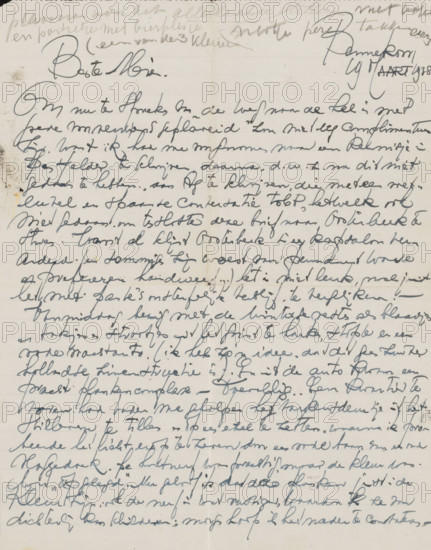 Letter to Mien Cambier van Nooten, letter, writer (clerical worker): Dick Ket, Bennekom, 1938-03-19, writer (clerical worker), paper, materials by function, lined paper, ink, writing (processes), pen, height 425 mm x width 425 mm, Person, Mien Cambier van Nooten, Agnes Maas-van der Moer, workshop, studio of the artist (in general), painting (including book-illumination, miniature-painting), A sheet of lined paper filled edge to edge with dense cursive handwriting in dark ink, showing large looping strokes at the top and more compact writing below, with visible creases and slight discoloration along the left margin and scattered small smudges and stains, and a faint vertical fold down the center.