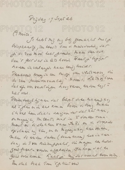 Letter to Willem Bogtman, letter, watermark, writer (clerical worker): Richard Nicolaüs Roland Holst, 1926-09-17, writer (clerical worker), materials by function, paper, ink, writing (processes), pen, height 425 mm x width 425 mm, Person, Willem Bogtman, Dirk Frederik Slothouwer, applied arts, arts and crafts, industrial design, Utrecht, Utrecht Cathedral, Domkerk (Utrecht), A sheet of aged paper with uneven edges and a vertical crease down the center, covered in flowing dark ink handwriting that fills most of the page, with larger script near the top and densely written lines across the middle and lower areas, the ink varying slightly in darkness and occasional small smudges, the paper showing faint discoloration and subtle texture.