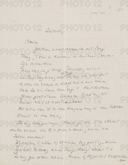 Letter to Willem Bogtman, letter, Dated June 1925? in later hand., writer (clerical worker): Richard Nicolaüs Roland Holst, 1925, writer (clerical worker), materials by function, paper, ink, writing (processes), pen, height 425 mm x width 425 mm, Person, Willem van Konijnenburg, Willem Vogelsang, Willem Bogtman, drawing, applied arts, arts and crafts, industrial design, Paris, Utrecht, Delft, Nieuwe Kerk (Delft), Dom van Utrecht, Domkerk (Utrecht), A vertically oriented sheet with a pale textured background and faint grid-like pattern, covered in flowing dark ink handwriting across the page, with a larger cursive heading near the top and denser lines of script filling the central and lower areas, and a small circular mark near the upper right.