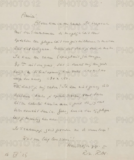 Letter to Willem Bogtman, letter, writer (clerical worker): Richard Nicolaüs Roland Holst, 1925-04-16, writer (clerical worker), draftsman (artist), materials by function, paper, ink, pencil, writing (processes), pen, height 425 mm x width 425 mm, Person, Willem Bogtman, drawing, sketch, applied arts, arts and crafts, industrial design, Utrecht, Utrecht Cathedral, Domkerk (Utrecht), A sheet of off-white paper with cursive handwriting across its surface, showing several horizontal fold creases and a faint vertical crease near the center, the ink of the handwriting appearing darker in some strokes and lighter in others, with slightly irregular line spacing and varied slant, small smudges and age spots scattered on the paper, and a small darker spot near the top edge.