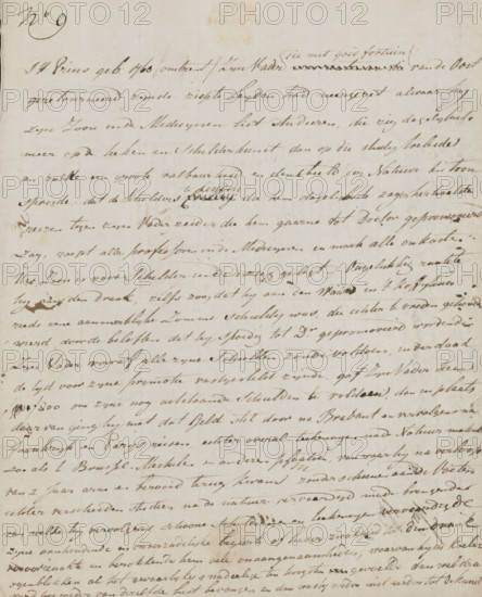 Letter to unknown, letter, watermark, seal, writer (clerical worker): Adriaan Bemme, 1763 - 1806, writer (clerical worker), materials by function, paper, ink, writing (processes), pen, height 425 mm x width 425 mm, Person, Johannes Huibert Prins, education, tuition of the artist (in general), painting (including book-illumination, miniature-painting), money, An aged sheet of paper with cursive ink writing across its surface, showing flowing brownish script lines that slant diagonally and vary in thickness; the paper has a light beige tone with subtle discoloration spots and faint stains, a darker ink blot in one area, and small smudges and corrections where the writer crossed out words; the top left corner shows a small decorative mark and the edges of the page are slightly worn and uneven.