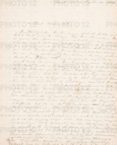 Letter to Christiaan Immerzeel, letter, writer (clerical worker): Petrus Johannes Schotel, Medemblik, 1841-09-02, writer (clerical worker), materials by function, paper, ink, writing (processes), pen, height 425 mm x width 425 mm, Person, Christiaan Immerzeel, art collecting, painting (including book-illumination, miniature-painting), distribution of awards, art contest, A faded handwritten letter on aged cream paper with cursive ink writing covering most of the page, showing uneven ink tones and slight smudges, with a larger, more decorative line of script near the top center and dense, flowing lines of script filling the rest of the sheet, small stains and light discoloration scattered across the surface, and faint creases and subtle paper texture visible throughout.