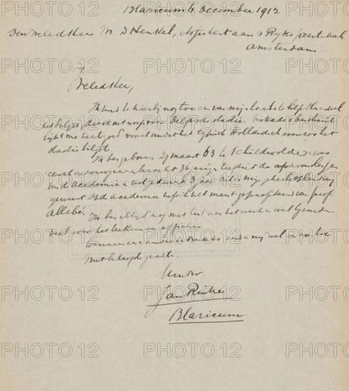 Letter to Max Dittmar Henkel, letter, writer (clerical worker): Jan Rinke, Blaricum, 1913-12-06, writer (clerical worker), materials by function, paper, ink, writing (processes), pen, height 425 mm x width 425 mm, Person, August Allebé, Royal Academy of Visual Arts (The Hague), Max Dittmar Henkel, education, tuition of the artist (in general), applied arts, arts and crafts, industrial design, A sheet of aged paper with cursive handwriting in dark ink across the top and upper middle, including a larger cursive word centered near the top and a block of densely written cursive lines below it, followed by a signature-like cursive name near the lower middle and an underlined cursive word beneath the signature, the lower half of the page largely blank.