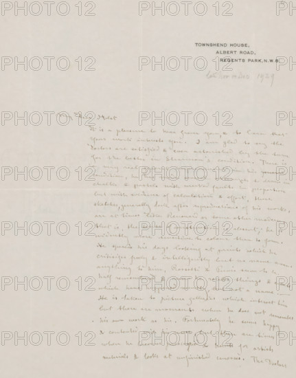 Letter to Richard Roland Holst, letter, writer (clerical worker): Charles Ricketts, London, 1876 - 1931, writer (clerical worker), materials by function, paper, ink, writing (processes), pen, height 425 mm x width 425 mm, Person, Richard Nicolaüs Roland Holst, Pierre Cécile Puvis de Chavannes, Charles Haslewood Shannon, Dante Gabriel Rossetti, diseases, Rome, Italy, Naples, A pale, slightly textured sheet with a vertical fold down the center and a horizontal fold across the middle, showing faded, cursive handwriting in sepia ink clustered along the right half of the page and a small block of printed text near the top right, with a faint pencil annotation nearby; the left side of the sheet is mostly blank with a small handwritten salutation above the main body, and the paper exhibits subtle creases, slight discoloration, and a soft off-white tone overall.