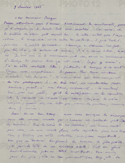 Letter to Andries Bonger, letter, watermark, writer (clerical worker): Odilon Redon, Paris, 1906-01-03, writer (clerical worker), materials by function, paper, ink, writing (processes), pen, height 425 mm x width 425 mm, Person, Buffa en Zonen, Frans, Jean-Marie Boyer, Andries Bonger, Kunsthandel Durand Ruel, drawing, art collecting, historical persons (portraits and scenes from the life), exhibition, art, money, photography, cinematography, A single sheet of pale paper with a vertical fold down the center and a faint horizontal fold, covered edge to edge with slanted cursive handwriting in violet ink, showing variations in ink density and occasional smudges, with the ink lines forming continuous flowing strokes across the page and a few darker, more heavily written areas, the paper surface exhibiting slight creases and subtle shadowing around the folds, and small areas of uneven discoloration.