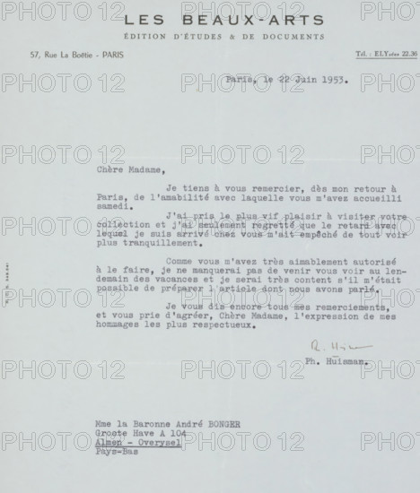 Letter to Françoise WM Bonger, letter, watermark, writer (clerical worker): Les Beaux-Arts, Paris, writer (clerical worker): Ph. Huisman, 1953-06-22, writer (clerical worker), materials by function, paper, ink, typewriting, writing (processes), pen, printing, height 425 mm x width 425 mm, Person, Françoise WM Bonger, art collecting, A pale sheet of paper with printed letterhead centered at the top and darker printed lines of text distributed down the page, a faint vertical crease near the center, a horizontal fold across the middle, a small handwritten signature in ink above a printed name near the lower right of the main block of text, and a block of additional printed text near the bottom left.