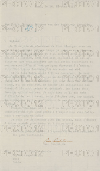 Letter to Françoise WM Bonger, letter, watermark, writer (clerical worker): Sven Sandström, Lund, 1952-02-16, writer (clerical worker), materials by function, paper, ink, typewriting, writing (processes), pen, height 425 mm x width 425 mm, Person, Odilon Redon, Françoise WM Bonger, drawing, art collecting, painting (including book-illumination, miniature-painting), A faded typed letter on off-white paper with a narrow left margin, showing faint typed lines across the page and a handwritten signature in brownish ink near the lower center; the top area contains a short centered typed line, and a small blue ink mark appears near the upper left portion; overall the page shows light creases, slight discoloration, and pale typewritten text forming multiple paragraphs down the sheet.
