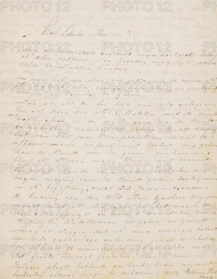 Letter to Johannes Immerzeel, letter, writer (clerical worker): Jan Hendrik van de Laar, Rotterdam, 1840-05-20, writer (clerical worker), materials by function, paper, ink, writing (processes), pen, height 425 mm x width 425 mm, Person, Gustave Wappers, Johannes Immerzeel, Cornelis Bakker, education, tuition of the artist (in general), travelling, tourism, family life, historical persons (portraits and scenes from the life), Belgium, A sheet of aged paper with flowing cursive handwriting across its surface, the ink varying from dark to faded and appearing in soft brown tones, faint bleed-through from the reverse side visible beneath the top layer, small scattered spots and slight stains on the paper, subtle creases and an uneven edge at the top, the handwriting forming slanted lines that fill most of the page with larger, more decorative script at the upper center.
