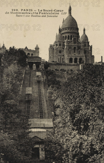 Picture postcard to Jan Ponstijn, picture postcard, writer (clerical worker): Leo Gestel, Paris, publisher: Potonniée frères, 1926-04-24, writer (clerical worker), paper, pasteboard, materials by function, ink, pen, writing (processes), collotype, height 138 mm x width 90 mm, Person, Jan Petrus Ponstijn, traveling, tourism, Quimper, A vintage black-and-white photograph showing a domed basilica with multiple smaller domes and ornate arched facades set atop a hill, flanked by trees and a steep grassy slope, and a funicular railway leading up the hill with two tram cars on parallel tracks between wooded embankments and a small station structure at the top.