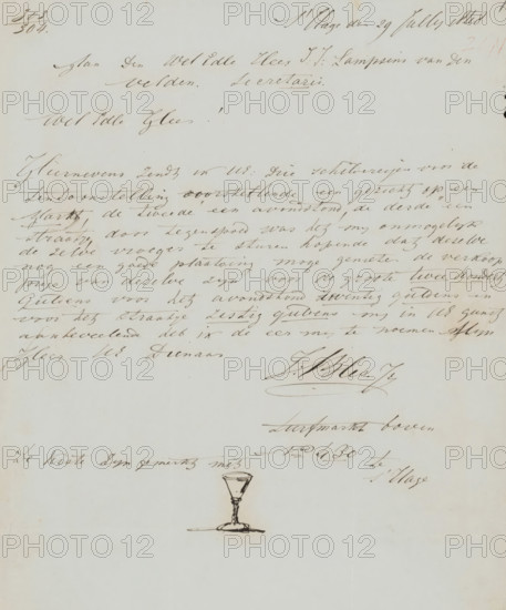 Letter to Jan Jacob Lampsins van den Velden, letter, writer (clerical worker): Joseph Bles, The Hague, 1848-07-28, writer (clerical worker), draftsman (artist), materials by function, paper, ink, writing (processes), pen, height 425 mm x width 425 mm, Person, Committee of the Exhibition of Living Masters in Utrecht, Jan Jacob Lampsins van den Velden, painting (including book-illumination, miniature-painting), exhibition, art, money, cup, A pale sheet of paper with sepia ink handwriting across the upper and middle areas and a small ink sketch of a goblet near the lower center, the writing varying in size and slant with visible signatures and flourishes, faint creases and slight discoloration near the edges, and uneven ink intensity creating darker and lighter strokes.