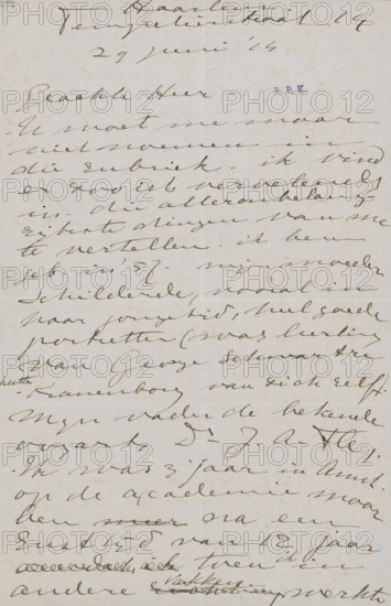 Letter to esquire Hendrik Teding van Berkhout (1879-1969), letter, writer (clerical worker): Etha Fles, Haarlem, 1914-06-29 - 1914-06-24, writer (clerical worker), materials by function, paper, ink, writing (processes), pen, height 425 mm x width 425 mm, Person, Johann Georg Schwartze, André Jolles, esquire Hendrik Teding van Berkhout (1879-1969), Joseph Alexander Fles, education, tuition of the artist (in general), family life, historical persons (portraits and scenes from the life), art trade, art shop, music, Amsterdam, A vertical sheet of aged paper covered in flowing cursive handwriting in brown ink, with lines of script filling most of the page from top to bottom; the handwriting varies in size and slant and shows occasional crossings-out and darker ink strokes, and there is a small blue stamped mark of three letters near the upper right area; the paper has a pale, slightly textured background with faint fold lines and small spots of discoloration.