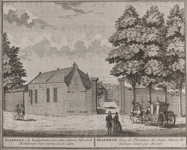 Photo reproduction of a print of the Spaarrijk country estate in Haarlem by Hendrik de Leth, photograph, reproduction, number: ''22.78.', inscription: 'Spaerryk, the pleasure grounds of Mr. Hendrik Bökelman open for viewing.', annotation: 'Spaarendijk, (municipality of Schoten), municipality of Haarlem', after print by Hendrik de Leth, 1900 - 1930, Hendrik de Leth, photographer, after print by, paper, gelatin silver print, developed gelatin silver print, height 163 mm x width 201 mm, villa, Haarlem, A monochrome engraved scene showing a large building with a tiled roof and tall narrow windows, flanked by tall leafy trees on the right and smaller foliage on the left, an open gateway with columns leading to a tree-lined path in the center, a horse-drawn ornate carriage at right with a driver and a seated horse, small groups of people in period clothing standing and walking in the foreground, textured clouds and lined sky above, and a bordered frame surrounding the entire image.