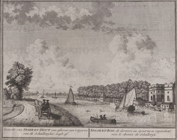 Photo reproduction of a print of a view of Heemstede by Hendrik de Leth, photograph, reproduction, number: ''22.35.', annotation: 'Heemstede', inscription: 'View of Spaer-en-Hout from behind at Spaer-en-Hout from the Schalkwykerwegh', after print by Hendrik de Leth, 1900 - 1930, Hendrik de Leth, photographer, after print by, paper, gelatin silver print, developed gelatin silver print, height 163 mm x width 201 mm, river, street (city(-scape) with figures, staffage), Heemstede, A wide etched landscape showing a river with several small sailboats and rowboats on the water, a tree-lined bank, and a road running beside the river where a horse-drawn carriage travels away from the viewer; large billowy clouds fill the sky above finely hatched horizontal lines, a cluster of trees and a multi-story building with rectangular windows and a balustrade sit near the water, and a framed border surrounds the scene.