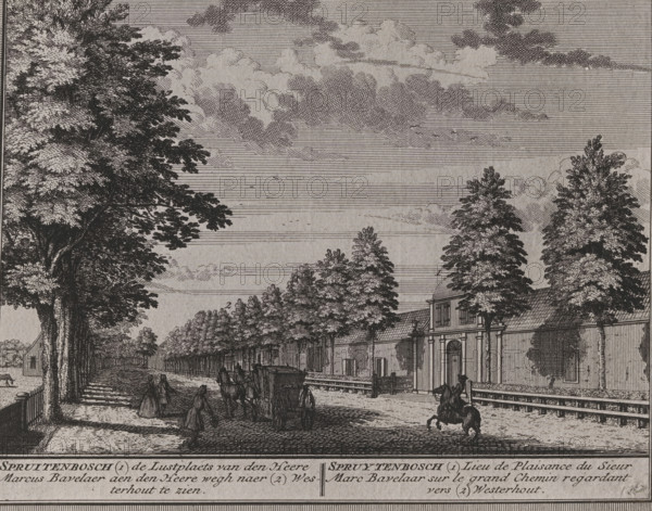 Photo reproduction of a print of a front view of the Spruitenbosch homestead in Haarlem by Hendrik de Leth, photograph, reproduction, number: ''22.51.', annotation: 'Heemstede', inscription: 'Spruitenbosch (1) de Lustplaets van den Heere Marcus Bavelaer aen den Heere wegh naer (2) Westerhout to be seen.', after print by Hendrik de Leth, 1900 - 1930, Hendrik de Leth, photographer, after print by, paper, gelatin silver print, developing gelatin silver print, height 172 mm x width 221 mm, street (city(-scape) with figures, staffage), Haarlem, A detailed black and white engraved street scene showing a tree-lined avenue with tall leafy trees on either side, a row of buildings with pitched roofs and a prominent doorway behind a fence on the right, horse-drawn carriages and riders on the road, several pedestrians in period dress walking along the avenue, a cobbled or textured street surface, parallel horizontal lines and shaded cloud formations in the sky, and a narrow border along the bottom...
