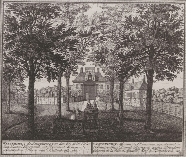 Photo reproduction of a print of a view of the country estate Westerhout in Beverwijk by Hendrik de Leth, photograph, reproduction, number: ''22.76.', annotation: 'Heemstede', inscription: 'Westerhout, the pleasure grounds of the Honorable Mr. Jan Daniel Bernards, former President Alderman of Amsterdam, Lord of Kattenbroek, etc.', after print by Hendrik de Leth, 1900 - 1930, Hendrik de Leth, photographer, after print by, paper, gelatin silver print, developed gelatin silver print, height 165 mm x width 193 mm, villa, Beverwijk, A detailed black and white engraving showing a tree-lined avenue leading to a large gated house with a central doorway and pitched roof, flanked by smaller buildings and walls; tall leafy trees dominate the foreground and frame the view, their trunks and branches rendered with fine crosshatching, while a fountain or sculpture sits along the path and small figures in period dress stand and walk near it; fences and hedges border the estate and a narrow driveway ru...