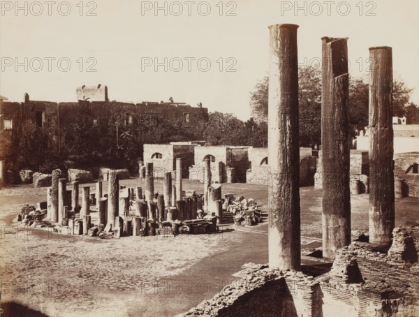 Ruins in Pozzuoli, Italy, Pozzuoli, photograph, inscription: 'Sommer (t)', collector's mark: 'VOSMAER', photographer: attributed to Giorgio Sommer, 1857 - 1914, Giorgio Sommer, photographer, Attributed to, pasteboard, paper, albumen print, height 251 mm x width 325 mm, ruin of a building, architecture, landscape with ruins, The image shows a sepia-toned view of an archaeological site with numerous tall cylindrical stone columns and many shorter broken column fragments scattered across a cleared ground area, with three very tall standing columns in the foreground on the right edge and a variety of ruined walls and arch openings behind the columns, dense vegetation and trees along the rear boundary, and a low, long masonry wall with small rectangular openings visible along the upper left background.
