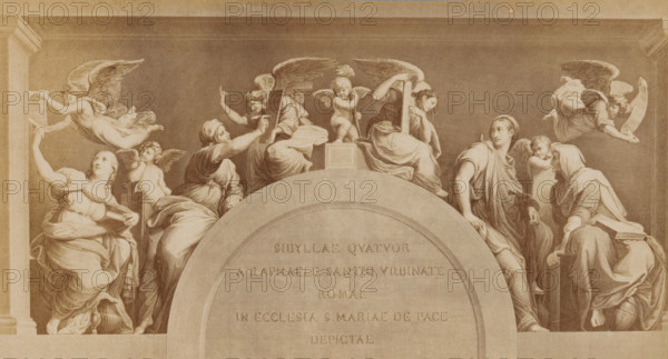 Photo reproduction of an engraving, possibly after a fresco by Rafaël, photograph, reproduction, collector's mark: 'VOSMAER', after print by anonymous, after painting by Rafaël, 1851 - 1900, Rafaël, photographer, after print by, after painting by, pasteboard, paper, albumen print, height 132 mm x width 247 mm, height 254 mm x width 354 mm, drawing, sketch, A sepia-toned engraving shows a semicircular architectural frame topped by a group of draped female figures and winged cherubs arranged across a ledge, with two large columns at the far left and right edges. The women wear flowing classical robes and head coverings, seated or standing in varied poses, some holding tablets or books while others gesture outward. Several cherubic figures with small wings perch among the women, one leaning on the central plinth and another interacting with a seated woman. Large wings belonging to angelic figures extend behind or above several women, and two angels hover near the outer edges carrying scro...