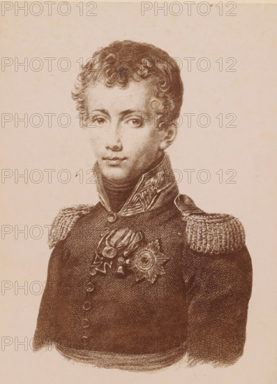 Photo reproduction of a print with a portrait of a man, possibly Prince Frederik, by Willem van Senus, photograph, reproduction, inscription: '281 D', inscription: 'Pr Frederik? in 1814?', after print by Willem van Senus (attributed to), c. 1880 - c. 1900, Willem van Senus, photographer, after print by, Attributed to, pasteboard, paper, albumen print, height 174 mm x width 127 mm, height 213 mm x width 160 mm, Person, Frederik (Prince of the Netherlands), print, eg: engraving, etching, lithograph, A sepia-toned portrait of a young man shown from the chest up wearing a dark military uniform with a high collar and decorative braiding on the shoulders, his face framed by short curly hair and a neutral expression, with detailed shading that defines his eyes, nose, and lips, and several ornate medals and a star-shaped decoration displayed on his chest.