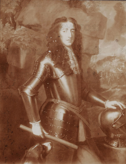 Photo reproduction of a painted portrait of William III in the style of Willem Wissing, photograph, reproduction, inscription: 'Roeloffzen & Hubner, W. Wissing Koning W III v Oranje., 2691. in DP ?, 1914', printer (person): Roeloffzen & Hübner, after painting by Willem Wissing (man of), c. 1914, photographer, printer (person), Manner of, paper, pasteboard, baryta paper, daylight collodion silver print, height 205 mm x width 159 mm, height 323 mm x width 239 mm, A sepia-toned portrait of a man in polished armor standing with one hand resting on a helmet and the other holding a baton, his long wavy hair framing a pale face with a neutral expression, a decorative sash and ornate detailing on the breastplate and sleeves, a landscape background with indistinct trees and rocky formations, and a small dog at the bottom near the man's hand.
