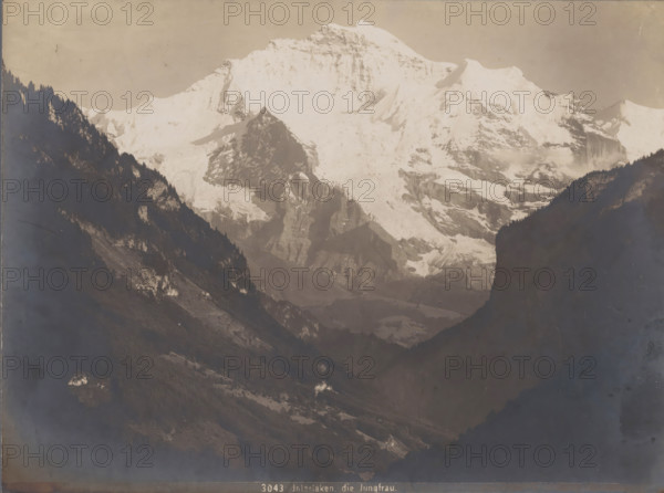 View of the Jungfrau, Interlaken, die Jungfrau, photograph, collector's mark: 'VOSMAER', number: '3043', photographer: attributed to Gebrüder Wehrli, 1897 - 1924, Gebrüder Wehrli, photographer, Attributed to, paper, baryta paper, gelatin silver print, developing gelatin silver print, height 163 mm x width 218 mm, mountain-range, snow peaks, Alps, Bernese Alps, Jungfrau, A wide mountain scene fills the image with a large snow-covered peak rising in the background and rugged rock faces and glaciers on its slopes, darker tree-covered ridges framing the left and right sides of the view, a deep valley leading toward the foreground with scattered rocky outcrops and areas of lighter snow or exposed rock, and a pale sky above.