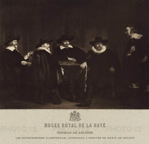 Photo reproduction of a painting by Thomas de Keyser, 'The Mayors of Amsterdam Learn of the Arrival of Maria de' Medici', photograph, publisher: Adolphe Braun & Cie., 1886, Adolphe Braun & Cie., publisher, pasteboard, paper, carbon print, paper on cardboard, height 202 mm x width 274 mm, A dark-toned painting shows five seated men and one standing man arranged across the scene, all wearing dark clothing and wide-brimmed hats or ruffled collars; the seated figures sit around a wooden table with visible hands resting on its surface and chairs with carved armrests, while the standing figure faces them with one hand raised; the men's faces and beards are illuminated against a shadowed background and one seated man wears a conspicuous ruff collar.