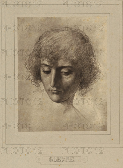 Photo reproduction of a drawing by Charles Gleyre (head of a young man), photograph, publisher: Adolphe Braun & Cie., vendor: MM Couvée, 1880 - 1900, pasteboard, paper, carbon print, paper on cardboard, height 246mm x width 191mm, A monochrome drawing of a young person’s head and upper neck centered within a bordered rectangular mat, showing a downward gaze and closed or nearly closed eyes, a straight nose, and slightly parted lips; the hair is short, curly, and textured with soft, dark shading that contrasts with lighter areas of the face and background, with fine, sketchy strokes defining hair strands and subtle tonal gradients modeling the cheekbones and jaw; the background is a smooth, lightly mottled wash, and the surrounding paper has a decorative double-lined frame and faint age spots.