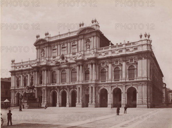 Piazza Carlo Alberto. - Facciata moderna del Palazzo Carignano, View of the Piazza Carlo Alberto and Palazzo Carignano in Turin, Italy, Torino, photograph, number: '3698.', number: '17', photographer: Giacomo Brogi (possibly), Turin, publisher: attributed to Edizioni Brogi, Florence, 1864 - 1881, Tuscany, Piedmont, Attributed to, pasteboard, paper, albumen print, height 317 mm x width 445 mm, square, circus, palace, Palazzo Carignano, Piazza Carlo Alberto, A large ornate stone building with multiple levels of arched windows and tall columns occupies the scene, featuring decorative balustrades, sculpted figures set into niches, and ornamental urns along the roofline; a broad ground-level arcade with rounded arches runs across the facade; a mounted equestrian statue on a raised pedestal stands near the building, surrounded by smaller sculptural elements; a few people in period clothing are scattered across the open paved square in front of the building, and a street lamp is visible near ...