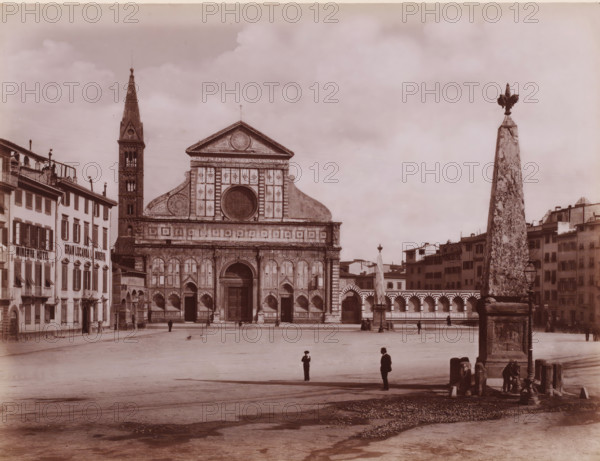 Facciata della Chiesa di Santa Maria Novella, compiuta da LB Alberti?, View of the Santa Maria Novella in Florence, Italy, Firenze, photograph, number: '3027.', number: '111', photographer: Giacomo Brogi (possibly), Florence, publisher: attributed to Edizioni Brogi, after sculpture by Giambologna, 1864 - 1881, Giambologna, after sculpture by, Tuscany, Attributed to, pasteboard, paper, albumen print, height 318 mm x width 445 mm, church (exterior), Santa Maria Novella, A wide plaza with a large ornate stone church facade centered in the background, featuring a tall narrow bell tower to its left and decorative arches and a circular window above the main entrance, flanked by rows of multi-story buildings with shuttered windows on the left and right; an obelisk with a sculpted top stands prominently on the right foreground near a small fountain where a person is leaning, and a few scattered people and small animals are visible across the open paved square beneath a cloudy sky.