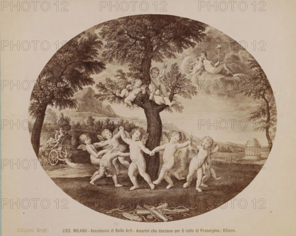 Accademia di Belle Arti - Amorini che danzano per il ratto di Proserpina, Albano, Photo reproduction of a painting with putti dancing around the tree of Proserpina after Francesco Albani, Milano, photograph, reproduction, number: '203.', collector's mark: 'VOSMAER', Milan, publisher: Giacomo Brogi, Florence, after painting by Francesco Albani, 1856 - 1881, Giacomo Brogi, Francesco Albani, photographer, publisher, after painting by, Tuscany, Lombardy, pasteboard, paper, albumen print, albumendruk, height 315 mm x width 421 mm, picture, painting, A circular sepia-toned scene shows a group of cherubic children with small wings dancing hand in hand around the trunk of a large tree, some standing on the ground and some perched in the branches, with playful poses and smiling faces; to the left a small cart with figures and a reclining child is visible among trees and bushes, while to the right a classical round temple stands on a distant riverside with tiny figures nearby; above the tree a r...