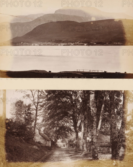 View of Fort William and Ben Nevis and Path at Glen Nevis, In Glen Nevis, Fort William, Fort William and Ben Nevis, album page, photograph, This page is part of an album., number: '887, JV', number: '1123, Ben Nevis, Inverness, c. 1875 - c. 1885, photographer, Scottish Highlands, Highland, paper, albumen print, height 298 mm x width 236 mm, road, path, landscapes with waters, waterscapes, seascapes (in the temperate zone), mountains, A two-part image with an upper horizontal photograph showing a wide body of calm water in the foreground, a narrow strip of shoreline with small clustered buildings along it, and layered dark hills and a large rounded mountain rising behind them under a pale sky; the lower vertical photograph shows a tree-lined dirt path flanked by tall trunks and dense foliage, a small stone cottage with a thatched roof set into a grassy bank on one side, a low stone wall and another thatched structure on the other side, and a simple wooden cart parked beside the path.