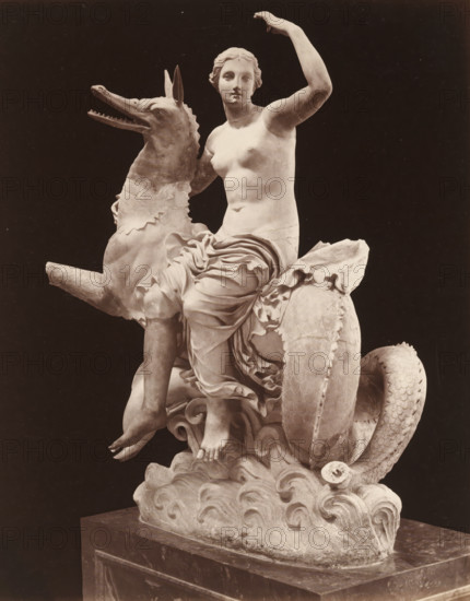 Museo di Napoli, Sculptur Nereide su pistrice, album page, photograph, This photo is part of an album., workshop stamp: 'Giorgio Sommer, Largo Vittoria, Napoli', number: '7532', photographer: Giorgio Sommer, Naples, 1874 - in or before 1879, paper, albumen print, albumendruk, height 254 mm x width 199 mm, sculpture, Nereids, daughters of Nereus, sea-nymphs, A pale marble statue of a partially draped female figure seated atop a large mythic sea creature with a long scaly tail and an open-mouthed head is set against a dark background, showing the figure with one arm raised and the other resting near the creature, detailed drapery around the hips and legs, exposed torso and classical facial features, the creature displaying textured scales and a ridged mane, the composition resting on stylized waves carved on a rectangular plinth.