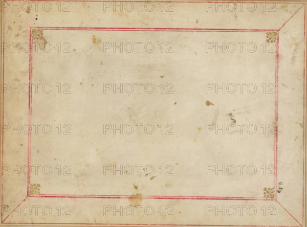 View of the Arch of Constantine in Rome, album page, photograph, This photo is part of an album., inscription: '10 ARCO DI CONSTANTINO COLLA META SUDANTE', Rome, 1870 - c. 1895, photographer, paper, pasteboard, albumen print, height 198 mm x width 258 mm, triumphal arch, Arch of Constantine, A rectangular sheet with a worn beige background shows a double-lined pink border set in from the edges, with triangular corner insets and small decorative gold floral motifs in the inner corners, along with scattered stains, smudges, and faint discoloration across the surface giving an aged, textured appearance.