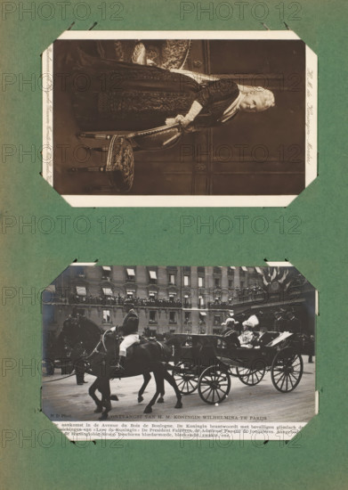 Two picture postcards of a portrait of Queen Mother Emma and a visit by Queen Wilhelmina to Paris, album page, photograph, picture postcard, photomechanical print, This photo and print are part of an album., inscription: 'HM the Queen Mother, Patron of the Hague Women's Committee of the Netherlands Red Cross', inscription: 'Reception of HM Queen Wilhelmina in Paris, The arrival, weakness, etc.', photographer: Neurdein Frères, Paris, cliché maker: anonymous, c. 1910 - 1912-06-02, Neurdein Frères, photographer, cliché maker, paper, pasteboard, baryta paper, rotogravure, gelatin silver print, height 89 mm x width 140 mm, Person, Wilhelmina of the Netherlands, Emma (Queen consort of the Netherlands), Hendrik (prince of the Netherlands (1876-1934)), Armand Fallières, historical persons - BB - woman, queen, four-wheeled vehicle drawn by two animals, A green album page holds two black-and-white photographs mounted in angled corners; the upper portrait shows an older woman in a dark patterned ...