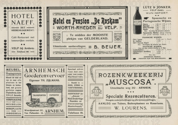 Advertisements, album page, Advertisements for, among others, Hotel Naeff, Hotel and guesthouse de Roskam, Lutz & Jonker wine import, Arnhem goods transport Th. Zijlman and Muscosa Rose Nursery. This page is part of an album., Netherlands, in or after 1908, paper, printing, height 240 mm x width 324 mm, advertising, The image shows a vintage printed page of advertisements arranged in rectangular panels with decorative borders; there are various typographic styles and ornamental motifs, a stylized illustration of a wagon, a detailed drawing of a bottle, and two small framed head-and-shoulders female portraits; the page background is an aged off-white and the printed elements are in dark ink.