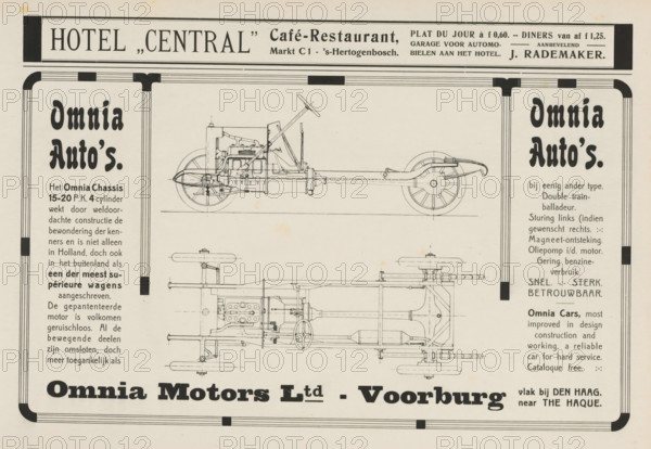 Advertisements, album page, Advertisements for Hotel Central and Omnia Motors Ltd. This page is part of an album., Netherlands, in or after 1908, paper, printing, height 240 mm x width 324 mm, automobile, advertising, painting, drawing and the graphic arts, The image shows a vintage advertisement layout with a decorative border and two detailed technical line drawings of a vehicle chassis and axles centered on the page, one shown in side profile and another shown in a top-down or underside view; there are two tall vertical panels on either side containing stylized headings and columns of printed lines, and a horizontal banner across the top with additional printed blocks; ornamental corner elements and thin double-line rules frame the content, and there are small scattered aging spots on the paper.